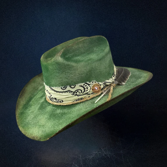 Green Distressed western Cowboy Hat - Green
