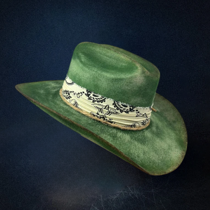 Green Distressed western Cowboy Hat - Green